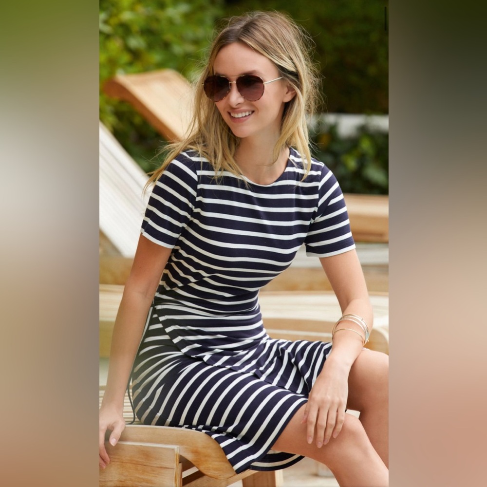 GAP STRIPED THIN SWEATER DRESS NAVY AND GRAY MEDIUM